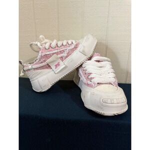 Elevate Pink Tweed Distressed Platform Sneakers Low Top Chunky White Sole Size 9